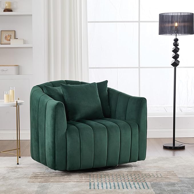 360° Swivel Barrel Chair with Curved Backrest 40 W Velvet Armchair with 3 Soft Pillows Accent Lounge Chair with Channel Tufted Design for Living Room Bedroom Studio Green