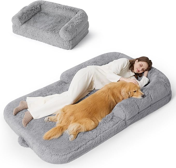 Bedsure Foldable Human Dog Bed -Giant Dog Bed for Adult People with Supportive Bolster Egg Foam Waterproof Liner Calming Fluffy Faux Fur Orthopedic Big Bean Bed Light Grey