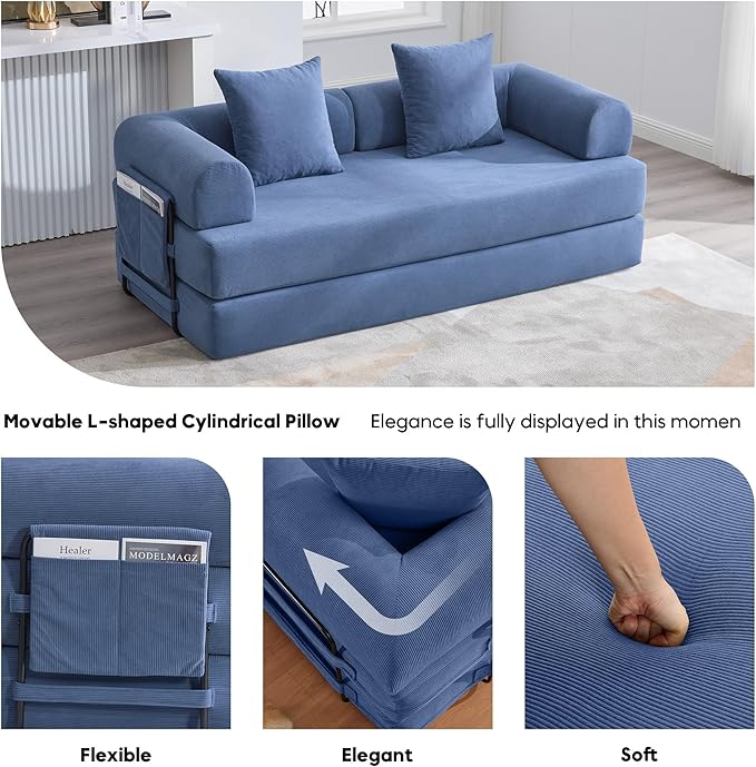 Convertible Sleeper Sofa Bed with Fixed-Shape Frame Corduroy Folding Mattress Couch with Storage Pocket Floor Sofa Lounge Couch for Living Room Bedroom Lounge Studio Navy Blue