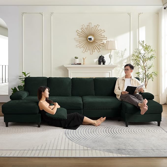 PUREMIND Sectional Couches for Living Room U Shaped Sectional Sofa with Double Chaise Lounge and Sleepable Armrests Corduroy 4 Seater Sectional Sofa Living Room Furniture