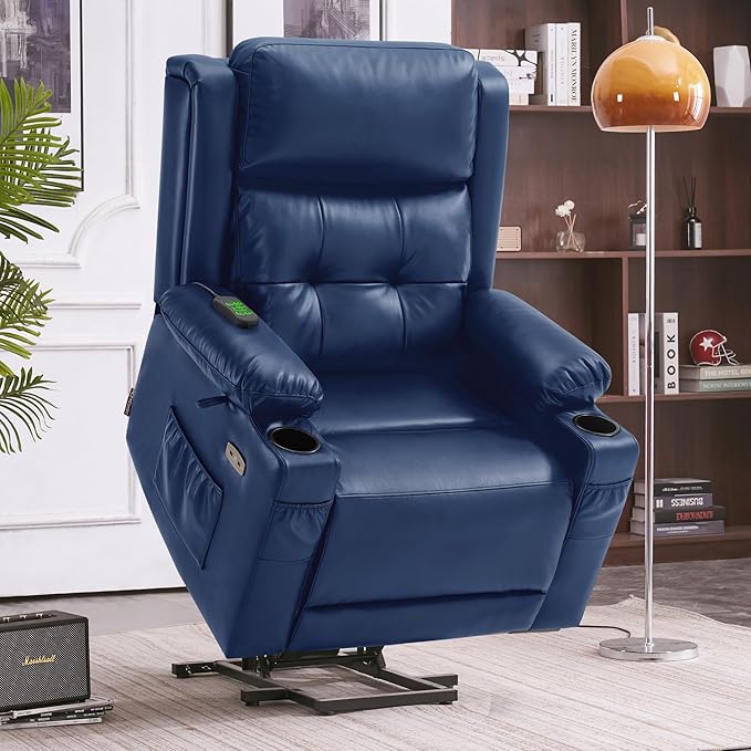 MCombo Large Triple Motor Power Lift Recliner Chair with Massage and Heat for Elderly People Adjustable Headrest Infinite Position USB Ports Faux Leather 7662 (Blue Large)