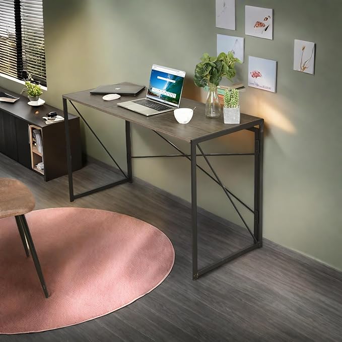 FurnitureR 32'' Folding Desk No Assembly Required Desk 2 Tier Computer Desk for Study Home Office Portable Foldable Laptop Table with Metal Frames/Wood Top Rustic Brown (Vintage Brown 55.1 Inch)