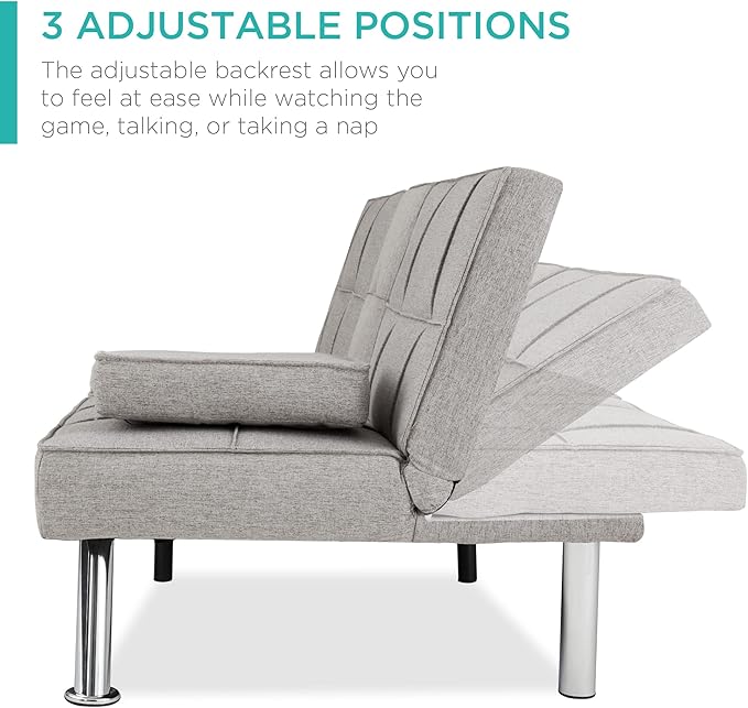 Best Choice Products Linen Modern Folding Futon Reclining Sofa Bed for Apartment Dorm w/Removable Armrests 2 Cupholders - Light Gray