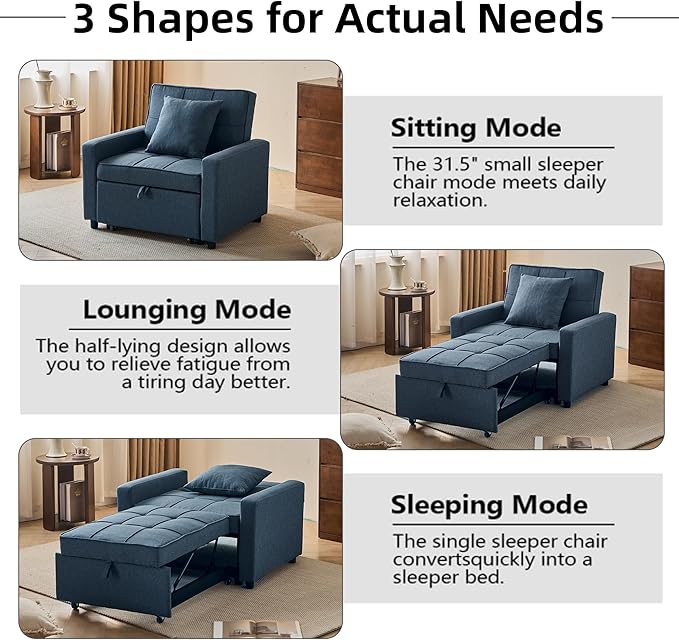 Sofa Bed Chair Convertible Sleeper Sofa with Pull-Out Bed 3-in-1 Futon Couch with Reclining Backrest and Side Pocket (Blue 35.6‘)