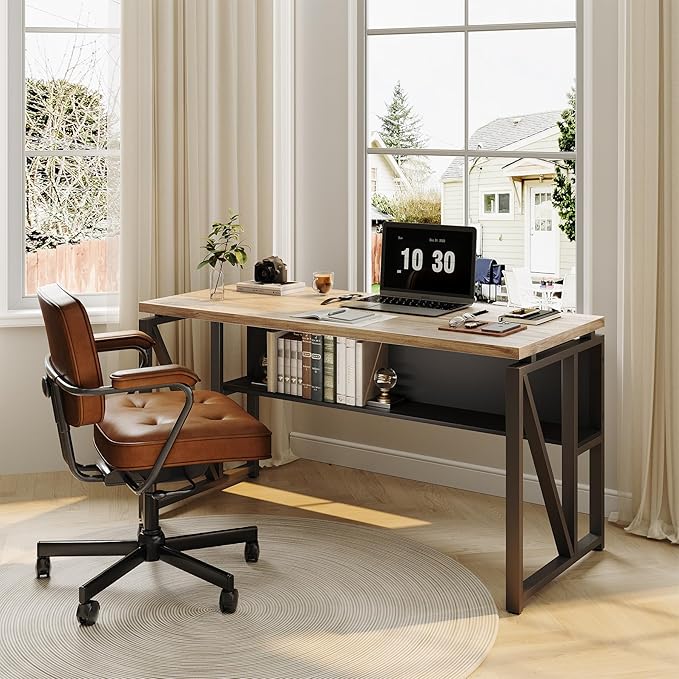 LITTLE TREE 55-Inch Executive Office Desk Large Computer Desk with Storage Shelf Executive Desk with Metal Frame Thickened Desktop Study Writing Desk Work Station for Home Office Grey Black