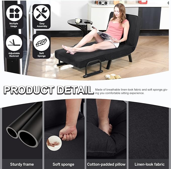 Folding Sofa Bed Sleeper Chair3-in-1 Single Convertible Sofa with Adjustable BackrestLazy Bed Leisure Recliner with PillowTri-fold Upholstered Armchair (Black Standard)