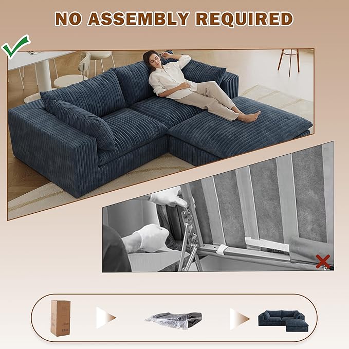 Boneless Corduroy Modular Couch with Ottoman 78.8 Comfy Cloud Couch for Small Spaces Deep Seat &amp Memory Foam No Assembly Required Compression Couches for Small Spaces(Blue) | Fluffy Throw Pi