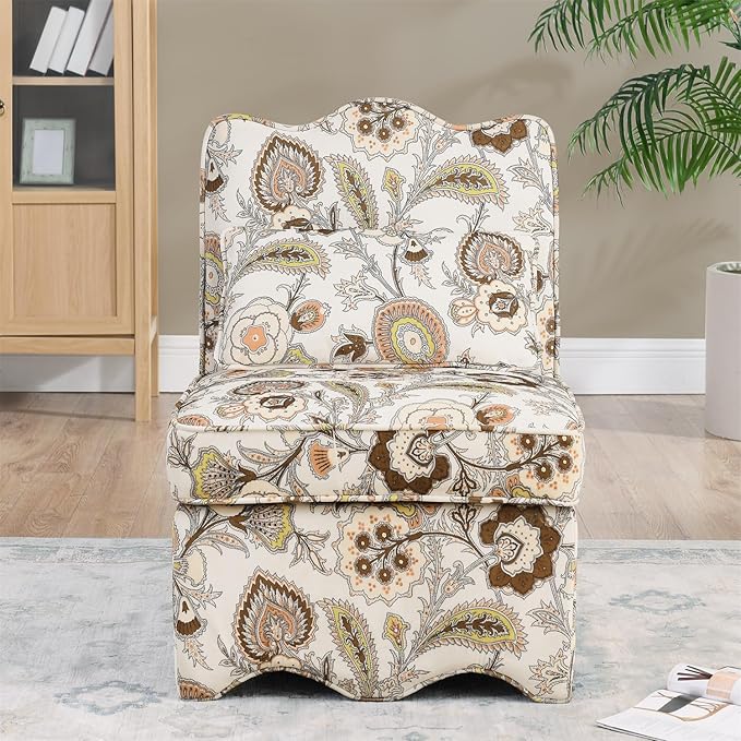 Polibi Retro Single Chair with Flower Pattern and Wave-Shape Edge Flannel Upholstered Armless Sofa Chair with Seat Cushion and Pillow for Living Room Bedroom Brown Flower