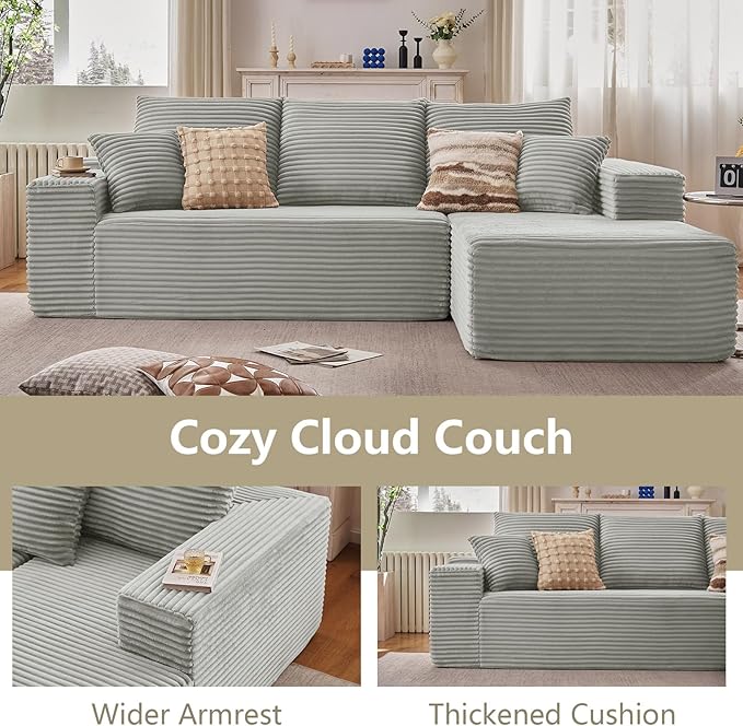 107 Cloud Sectional Couch with L-Shape Chaise Modern Modular Comfy Sofa Chaise Longue Upholstered Corduroy Couches Sleeper with Deep Seat for Living Room Bedroom No Assembly Required Grey