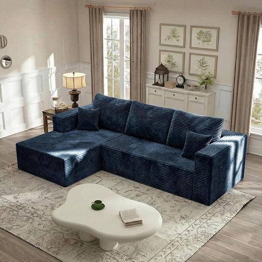 92.5'' L-Shaped Cloud Modular Sectional Sofa Modern Corduroy Memory Foam Couch with Left Facing Chaise Lounge Upholstered Boneless Deep Seat Fluffy Sofa No Assembly Needed for Home Navy Blue