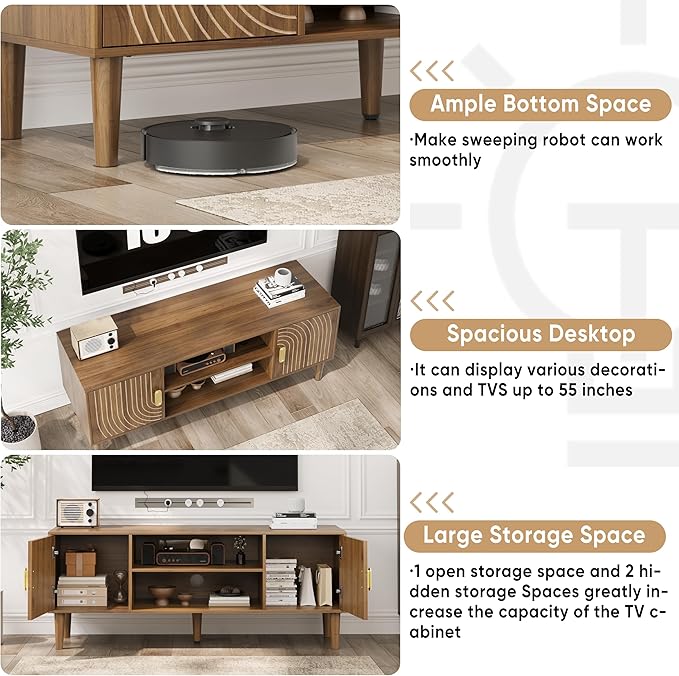 Smuxee Walnut TV Stand with Line Groove Design 47.2 Mid Century Modern TV Media Console for TVs up to 55 TV Cabinet with Adjustable Shelf &amp 2 Cabinets for Living Room