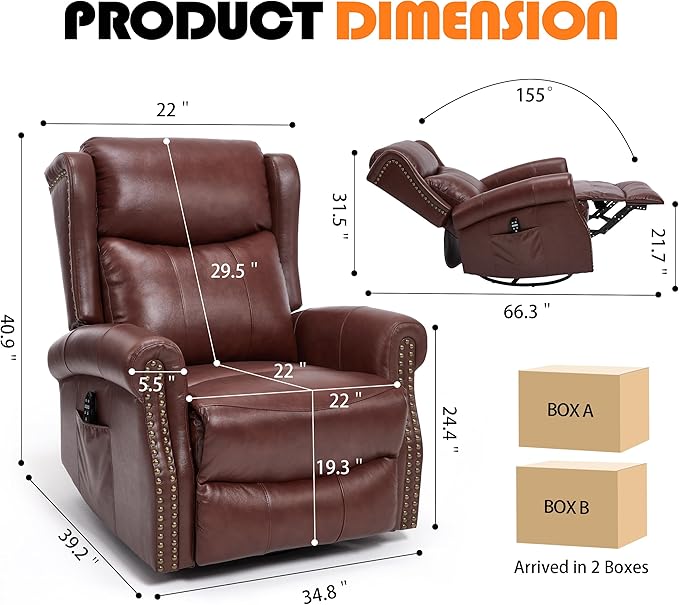 Manual Rocker Swivel Recliner Chair for Adults Vibration Massage Reclining Glider Chair with Lumbar Heat Rivet Design Single Sofa for Living Room Genuine Leather Dark Red