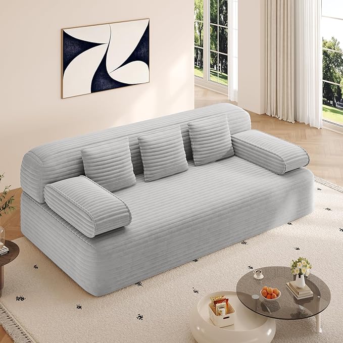 2-in-1 Convertible Folding Futon Sofa Bed with Reversible Backrest &amp Pillows 78 Corduroy 3-Seater Cloud Boneless Couch Comfy Modern Floor Couch Bed for Living Room Bedroom No Assembly(Light G