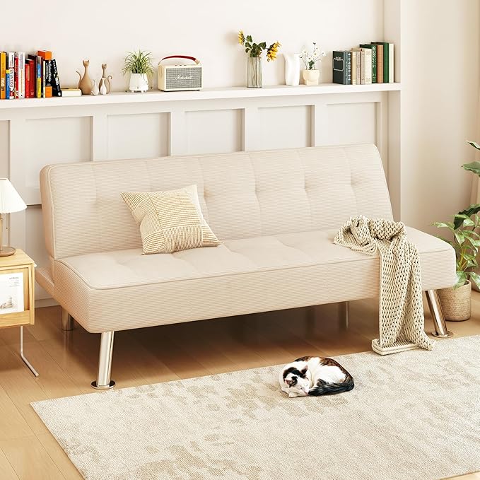 Furnimart Futon Sofa Bed 66 Corduroy Convertible Futon Couch with 3-Position Adjustable Backrest Solid Wood Frame Sleeper Sofa for Small Space Living Room Apartment Office Beige