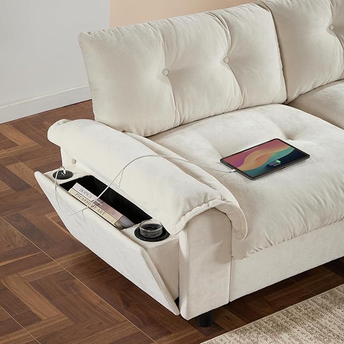 Ball &amp Cast Modular L Shaped Sectional Sofa with Movable Storage Ottoman and Dual-Port Charging4 Seater Comfy Cloud Couch W/Side Storage Pockets &amp Cup Holderfor Living RoomApartmentBeige1