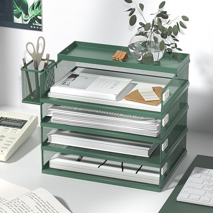 Metal Stackable Letter Trays 4-Tier Desk Organizer &amp Paper Trays for Office Stackable File &amp Document Tray with Magnetic LabelsGreen