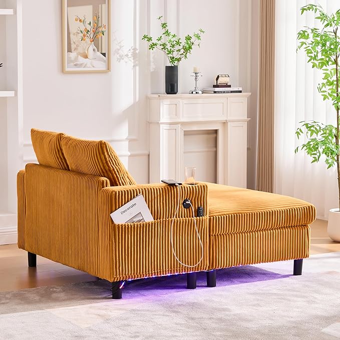 SLEERWAY Modern Corduroy Chaise Lounge Sofa Indoor- 55.9 Comfy Oversized Couch Bed with USB Ports Cup Holder Side Pocket Lights 3 Throw Pillows Lazy Recliner Chairs Living Room (Yellow)