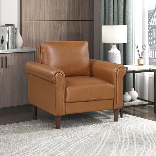 Lexicon 35 W Living Room Accent Chair Faux Leather Upholstered Armchair with Rolled Armrest for Bedroom/Office/Waiting Room Single Sofa Chair Brown