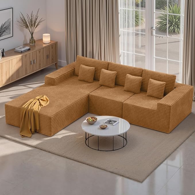 111‘’ Modular Sectional Cloud Couches with L Shaped Upholstered Deep Seat Boneless Sofa for Living Room Bedroom No Assembly Required-Camel