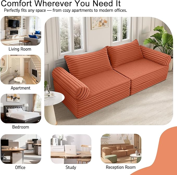 MeMoreCool Convertible Sofa Bed Folding Floor Couch Bed Queen Pull Out Sleeper Couch with Pillows Fold Out Futon Sofa for Bedroom Living Room Small Space Corduroy Orange