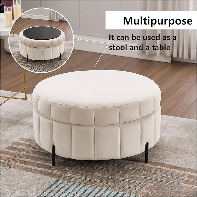 31.5 Round Ottoman with Storage BeigeReversible Lid Upholstered Ottoman Coffee TableModern Pumpkin-Shape Foot Stool for Living Room