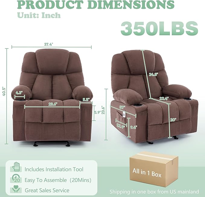 Manual Recliner Chair Rocker Recliner with Vibration Massage &amp Heat Ergonomic Reclining Fabric Living Room Chairs for Bedroom Nursery Single Sofa with 4 Pockets 2 Cup Holders Brown