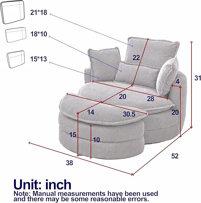 Modern Swivel Chair 38 W Oversized Swivel Chair with Moon Storage Ottoman Accent Round Loveseat Circle Swivel Barrel Chairs with 4 Pillows Cuddle Sofa Chair Lounger Armchair (Beige * 99)