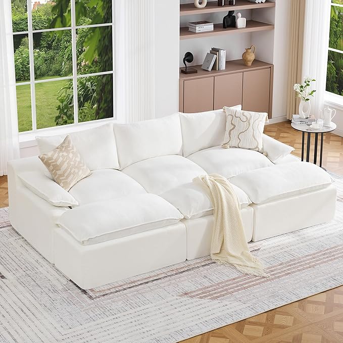 109 3 Seat Boneless Couch with Movable Ottoman Boneless Modular Sectional Sofa Deep Seat Modern Sleeper Sofa Bed for Living Room Cloud Modular Sectional Couch 3 Seat Chenille Chaise Lounge White