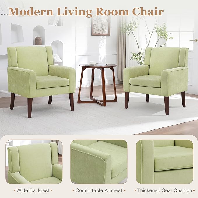 Accent Chairs for Living Room Mid-Century Reading Chair with Wood Legs Upholstered Comfy Living Room Chair for Bedroom Apartment Waiting Room Green