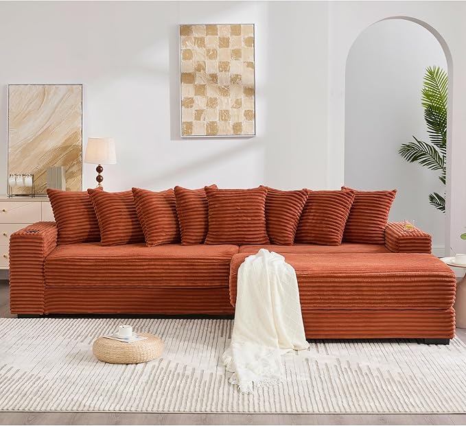 111 Inch Sleeper Sofa Bed | Convertible Cloud Sectional Couches for Living Room | L-Shaped Couch with Cup Holder Side Pocket 8 Pillpws | Orange