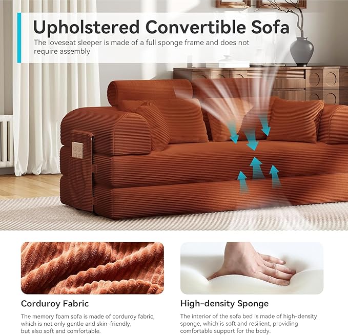 Upgraded 79 High Backrest Sofa Bed with Fixed Frame Corduroy Fabric Convertible Couch for Small Spaces Removable Armrests &amp Backrest No Assembly Required (High Backrest Orange) | Convertible