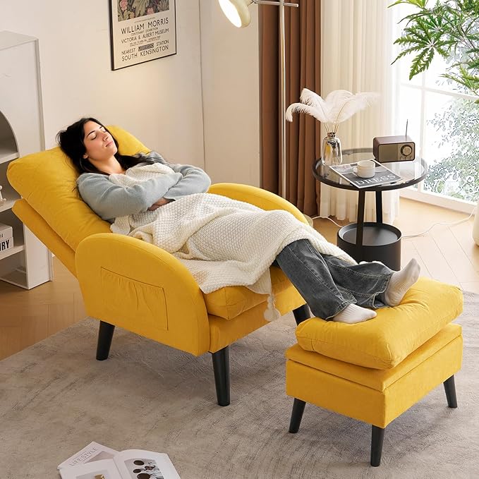 ELUCHANG Accent Chairs with Ottoman Upholstered Comfy Armchair with Adjustable Backrest&ampStorage Footrest Lazy Chair Reading Chair Leisure Sofa Recliner for Living Room Bedroom (Yellow - Linen)