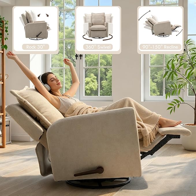 Nursery Glider Recliner Rocking Chair Modern Adult Nursery Recliner High Back Nursery Swivel Rocker Recliner for Nursery Living Room Bedroom and RV
