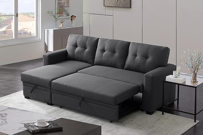 ACQCA 82 L Shaped Sleeper Sofa Pull Out Couch Bed with Storage Chaise and 3 Tufted Back Cushion for Living RoomApartmentOfficeDark Gray