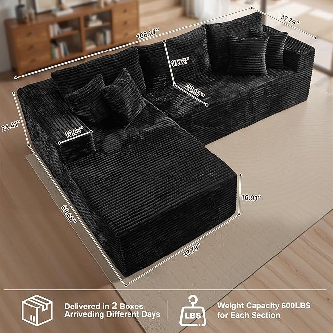 108 Boneless Cloud Couch Moudular Sectional Sofa with Deep Seat No Assembly Required Modern Minimalist Sofas with Chaise Comfy L Shaped Couches for Living Room Black