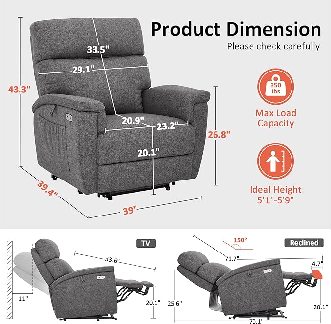 MCombo Power Lift Recliner Chair with Massage and Dual Heating Adjustable Headrest Extended Footrest for Elderly People Fabric R7605 (Dark Grey)