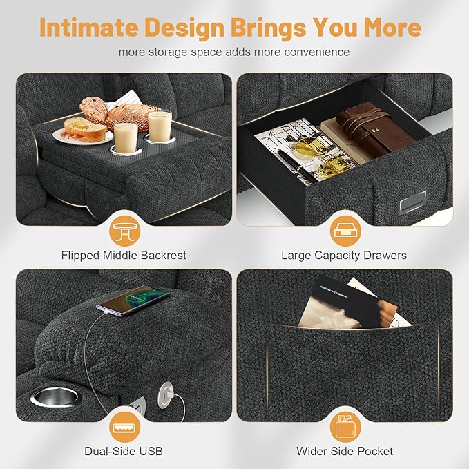 Loveseat Recliner Sofa Flip Middle Backrest Design 3 Seat Reclining Sofa with Storage Drawer USB Ports &amp Cup Holders Manual Couch for Living Room/RV (Gray)