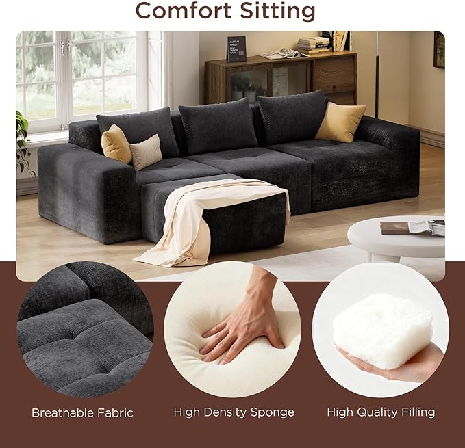 Maupvit 108 Modular Sectional Sofa Modern Cloud Couch L-Shaped Convertible Sleeper Sofa Bed with Movable Ottoman Deep Seat Boneless Comfy 3 Seater Couches for Living Room Black | Breathable materi