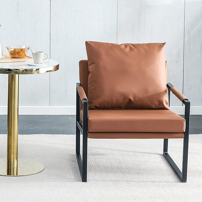 PU Leather Accent Arm Chair Mid Century Modern Upholstered Armchair with Metal Frame Extra Thick Padded Backrest and Seat Cushion Sofa Chairs for Living Room (Brown PU Leather Metal Frame Foam)