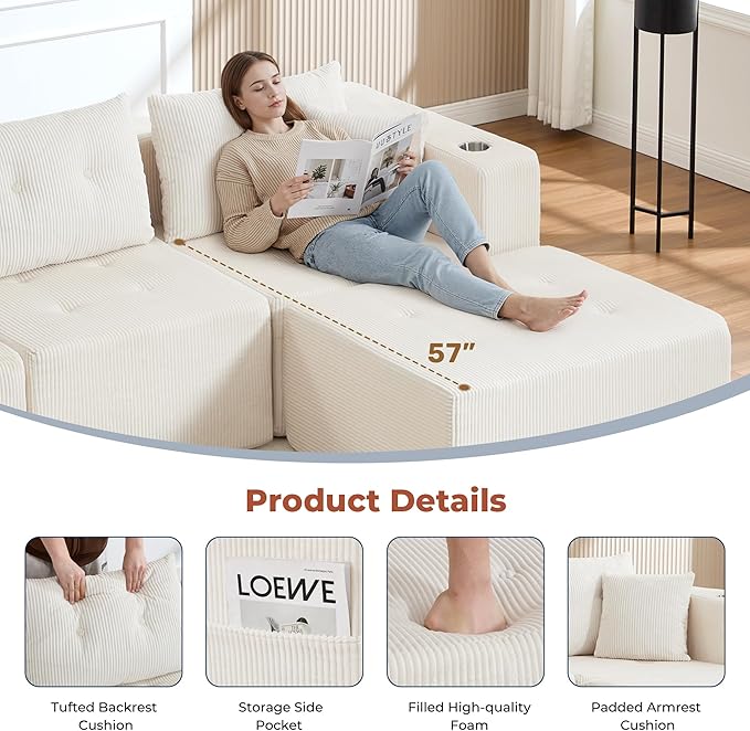 73 Loveseat Modular Sectional Sofa Oversized 2-Seater Boneless Tufted Cloud Couch with Cup Holder Corduroy Upholstery Small Couches for Living Room No Assembly Beige