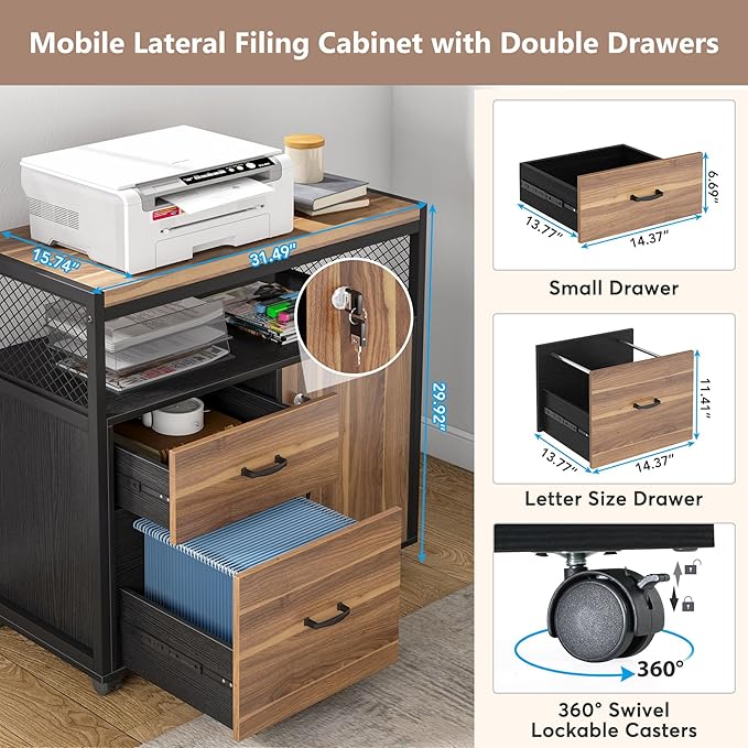 Tribesigns Modern File Cabinet with Drawers for Letter-Size Lockable lateral Filing Cabinet Printer Stand with Door&amp Caster for Home Office.Desk Not Included