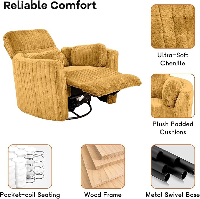 leovanni Power Swivel Rocker Recliner Chair USB Ports Electric Nursing Reclining Chairs Chenille Upholstered Nursery Glider Rocking Chair with 2 Pillows for Bedroom Living Room Yellow
