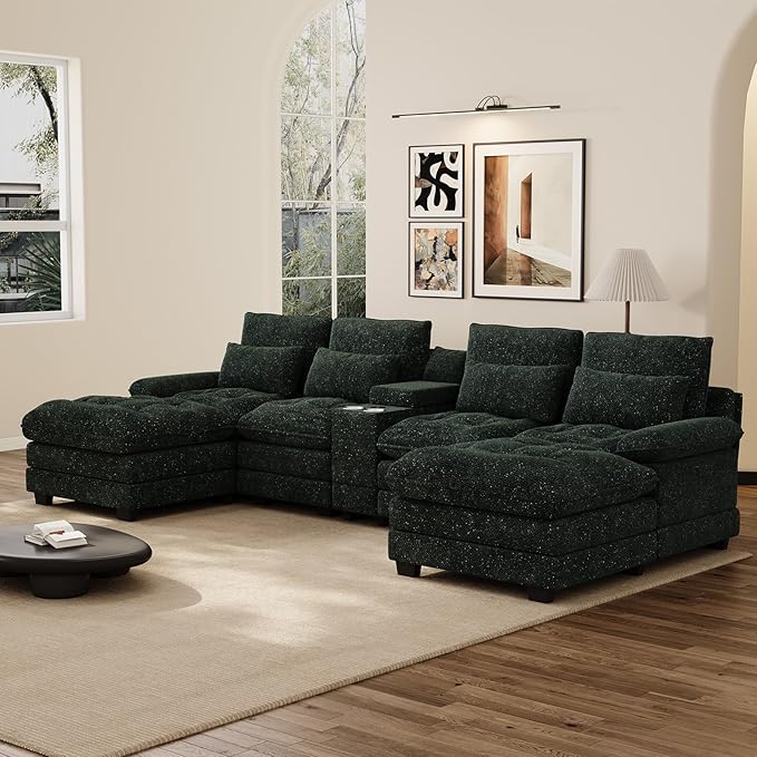 134 Oversized Green Sectional Couches for Living Room with Glitter Fabric Fluffy Couch with Chaise Lounge&ampTufted Buttons U Shaped Sofa Set Chenille 6 Seater Couch with 2 Ottoman &amp Storage