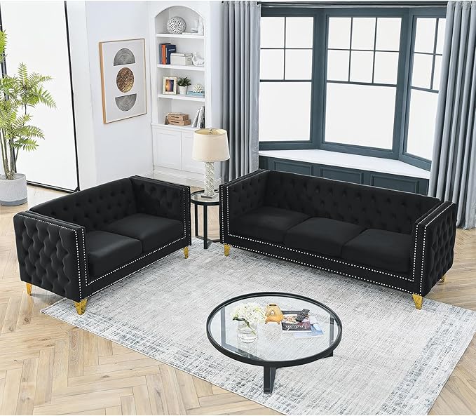 Antetek Comfy Upholstered Couches for Living Room 58-inch Modern Button Tufted Loveseat Sofa w/Square Arm 4 Golden Metal Legs and Gold Nail Heads for Living Room Office Apartment Black
