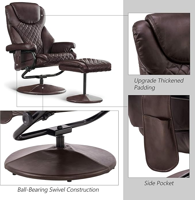 MCombo Recliner with Ottoman Reclining Chair with Massage 360 Swivel Living Room Chair Faux Leather 4901 (Dark Brown)