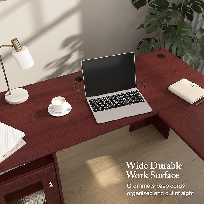 Bush Home Cabot 60W L Shaped Computer Desk with Storage in Harvest Cherry 60-inch Corner Table with Drawers for Home Office Workspace