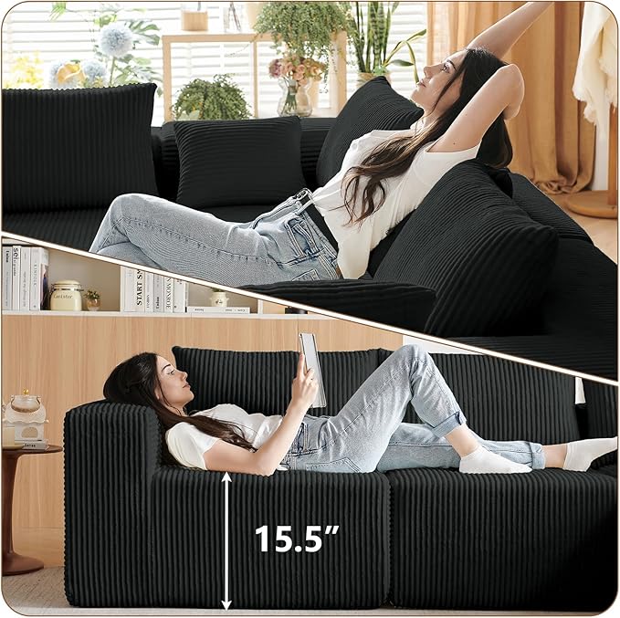 104'' Cloud Modular Sectional Sofa Corduroy L-Shaped Minimalist Couch with Deep Seat Modern 4-Seater Free Combination Sofa for Living Room – No Assembly Required (Black)