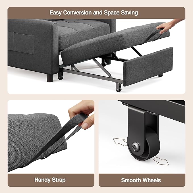Ahomly Convertible Sofa Bed 3-in-1 Multi-Functional Sleeper Chair Bed Adjustable Backrest Recliner with Modern Linen Fabric for Living Room Bedroom Apartment Small Space Dark Grey