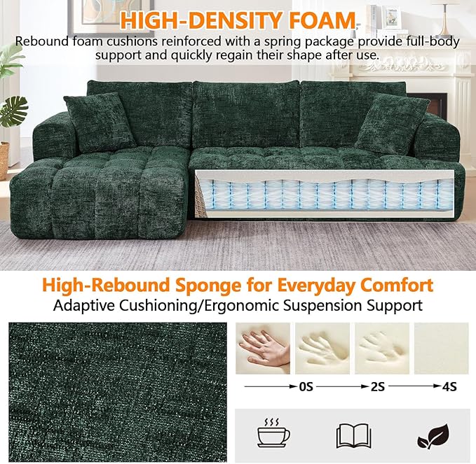 Luxury 108 Sofa with Oversized Chaise L-Shaped Chenille Modular Cloud Couch with Deep Seat &amp 2 Pillows Orange Boneless Couches for Living Room Apartments Homes (Green Left Facing Chaise)