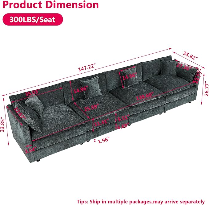 Aoowow Modular Sectional Sofa147.2 Inch Deep 4-Seater Sofas Comfy Chenille Cloud Sofas and Couches with Pillows for Living Room Apartment（Grey）